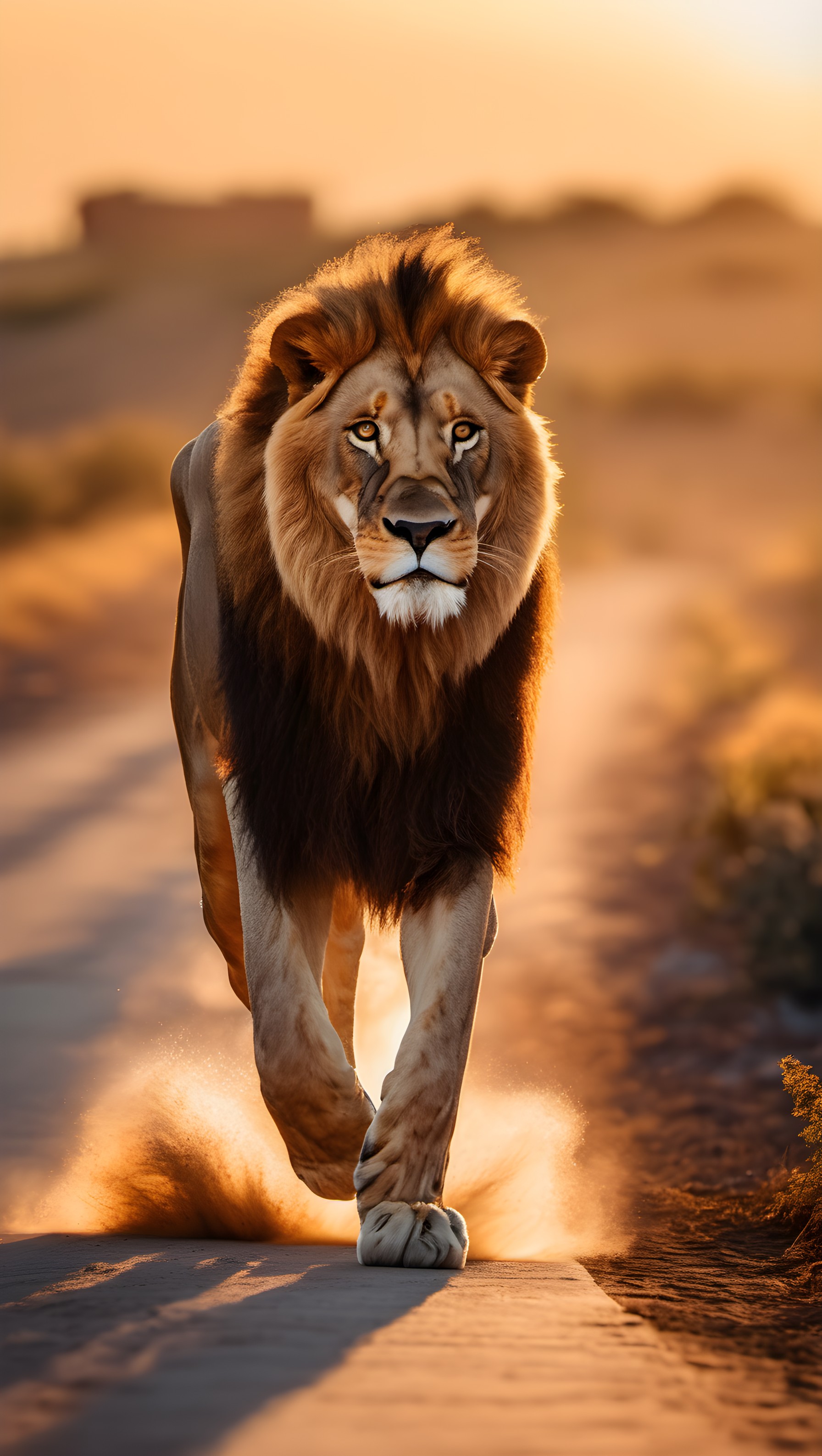 Majestic Lion Walking at Golden Sunset, lion, african wildlife, sunset, golden hour, majestic, savanna