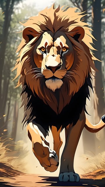 Majestic Lion Walking Forest Path Digital Art