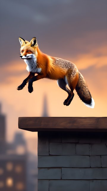 Golden Fox Jumping Above Urban Rooftops at Sunset