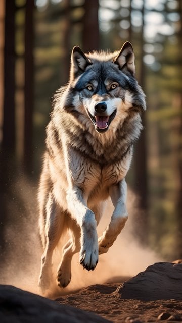 Dynamic Wolf Running in Golden Forest Wallpaper