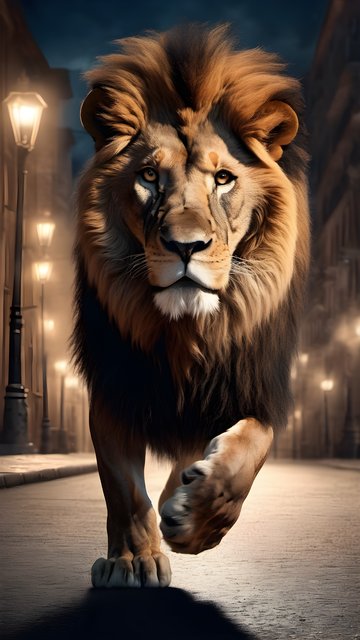 Majestic Lion Prowls City Street at Night