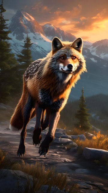 Majestic Golden Fox in Snowy Mountain Sunset