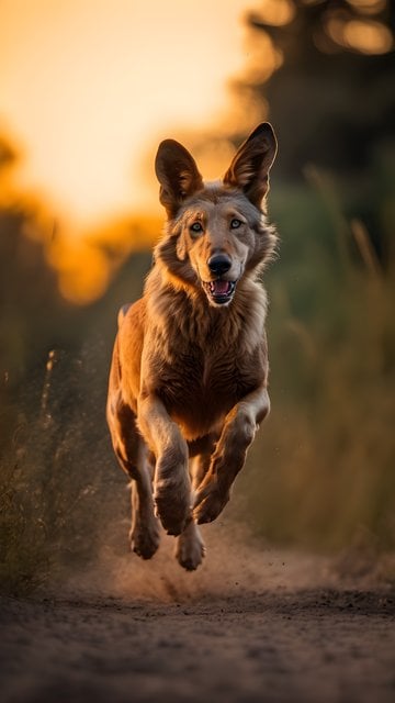Golden Hour Dog Leaping: Energetic Canine at Sunset