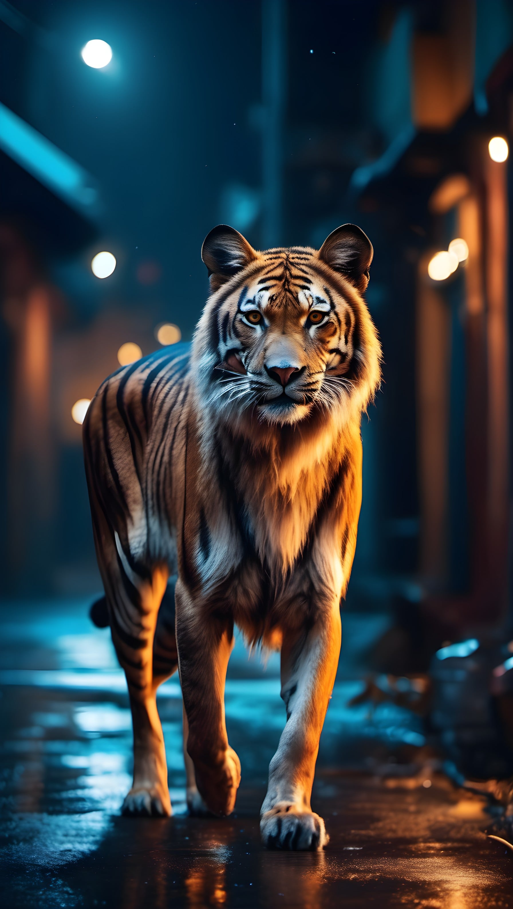Majestic Tiger Stroll in Neon Lit City Street, tiger, urban, night, neon glow, big cat, wildlife