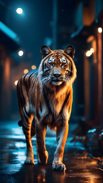 Majestic Tiger Stroll in Neon Lit City Street