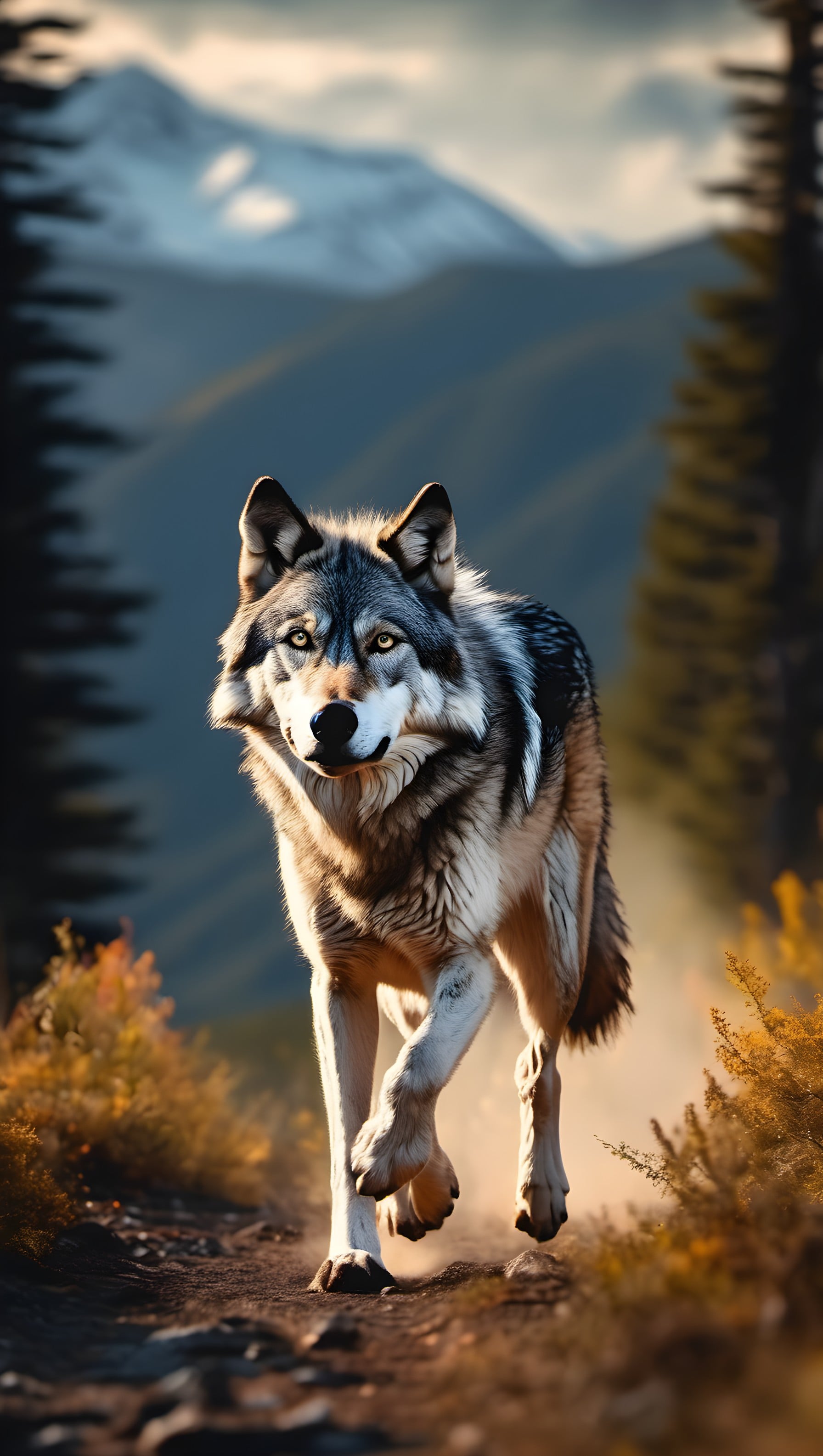 Majestic Wolf Strolling Mountain Path Golden Hour, wolf, wildlife, nature, animal, majestic, gray wolf