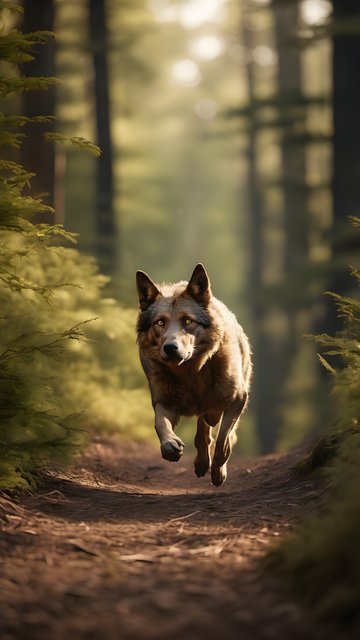 Dynamic Wolf Running Through Sunlit Forest Path