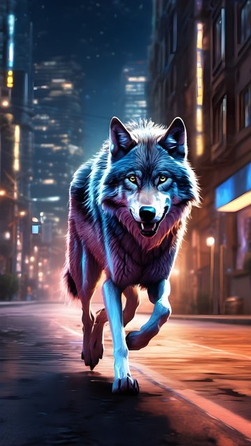 Vibrant Neon Wolf in Cyberpunk City Night