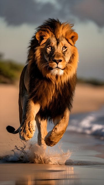Majestic Lion Running on Golden Beach at Sunset