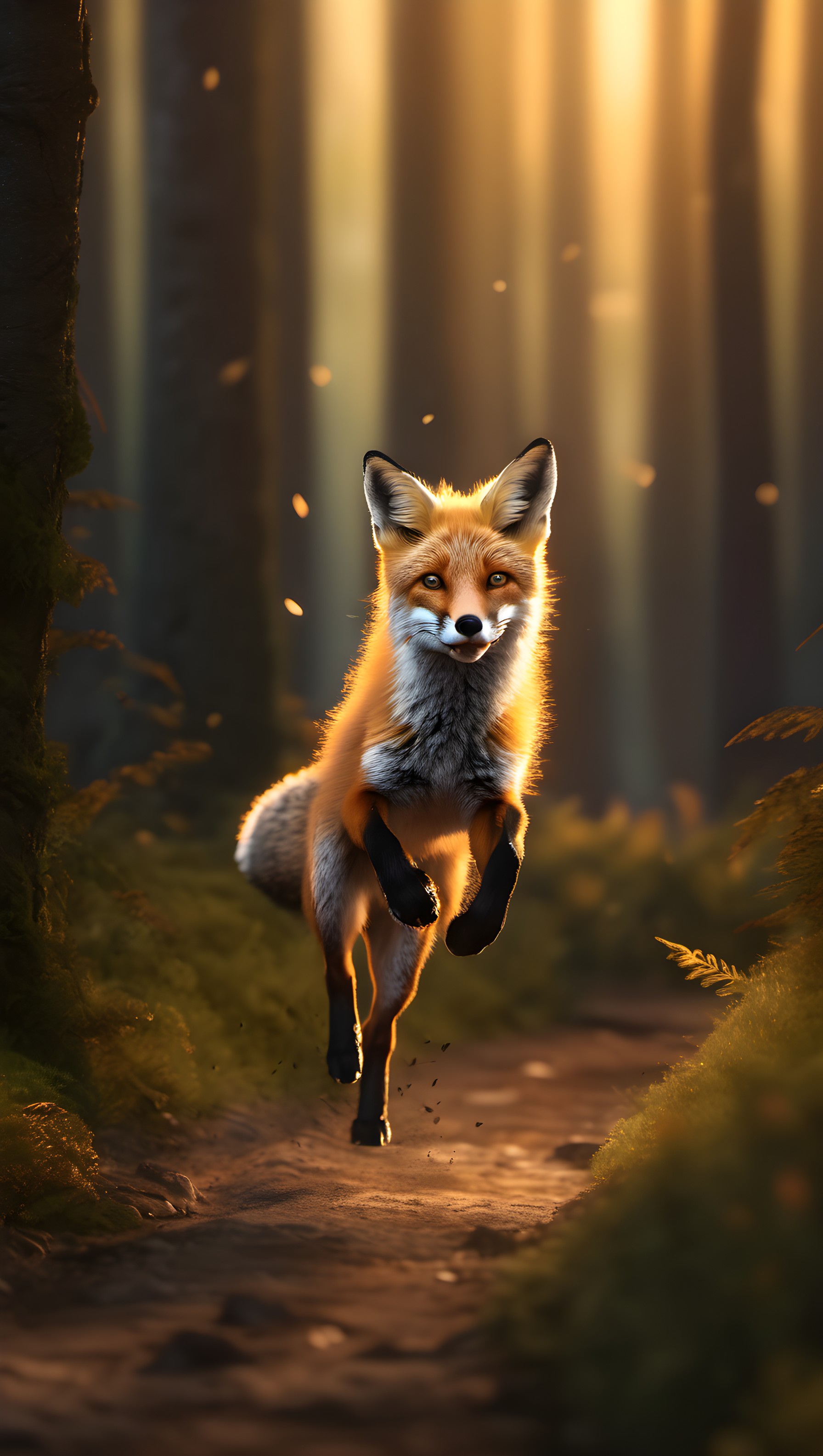 Majestic Fox Leaping in Golden Forest Sunlight, fox, wildlife, forest, golden hour, sunlight, nature