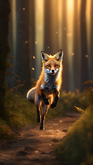 Majestic Fox Leaping in Golden Forest Sunlight