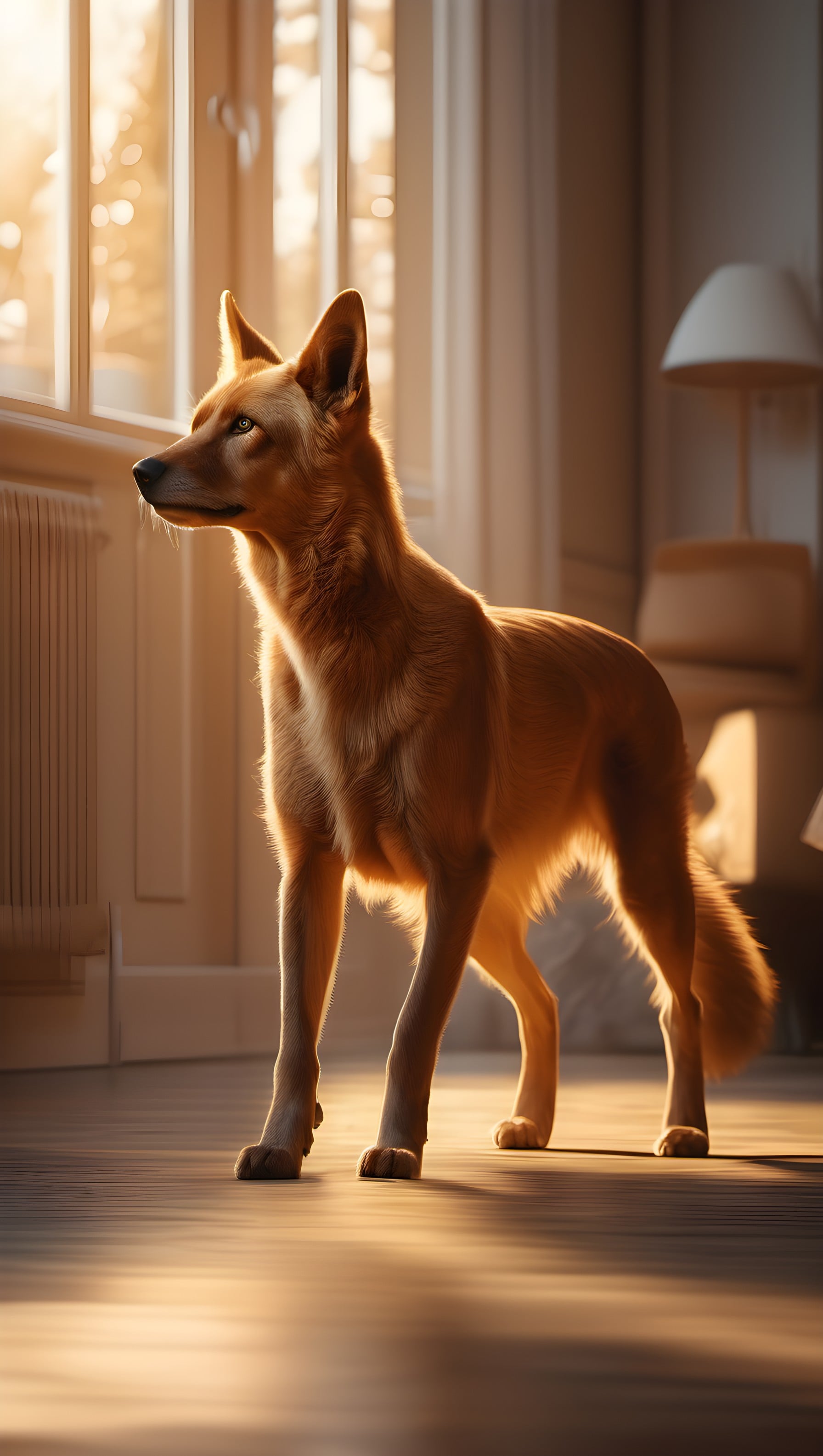 Loyal Dog in Golden Hour Light by Window Wallpaper, dog, pet, golden hour, sunlight, window, warm light