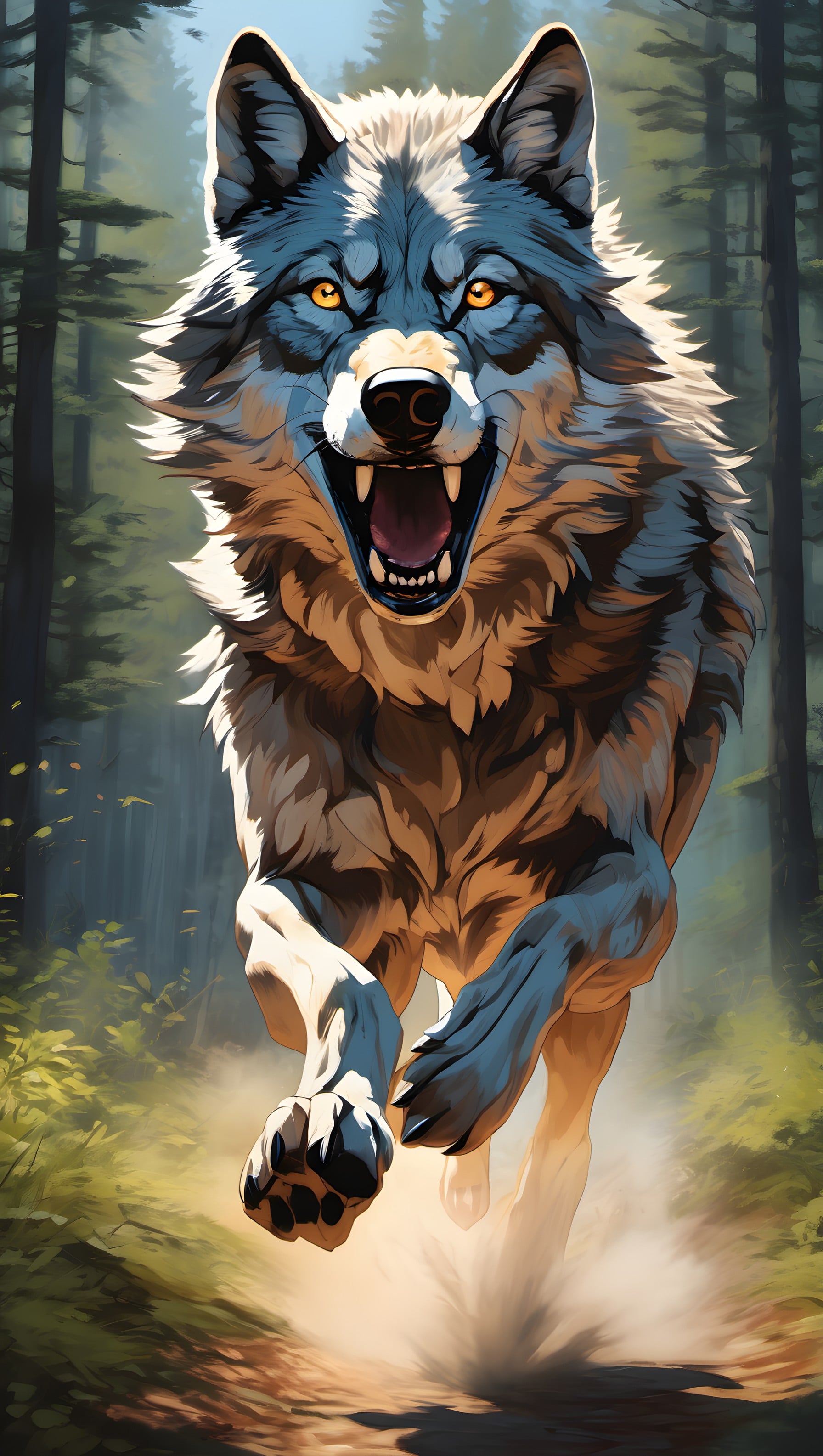 Dynamic Wolf Run Forest Art Wallpaper, wolf, running, forest, digital art, wildlife, fierce