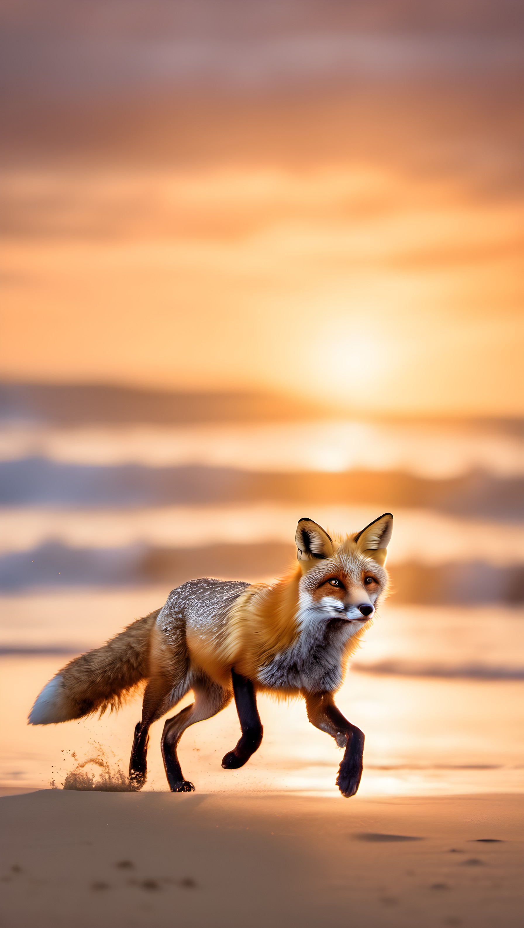 Majestic Fox on Golden Beach at Sunset Wallpaper, fox, wildlife, beach, sunset, golden hour, nature