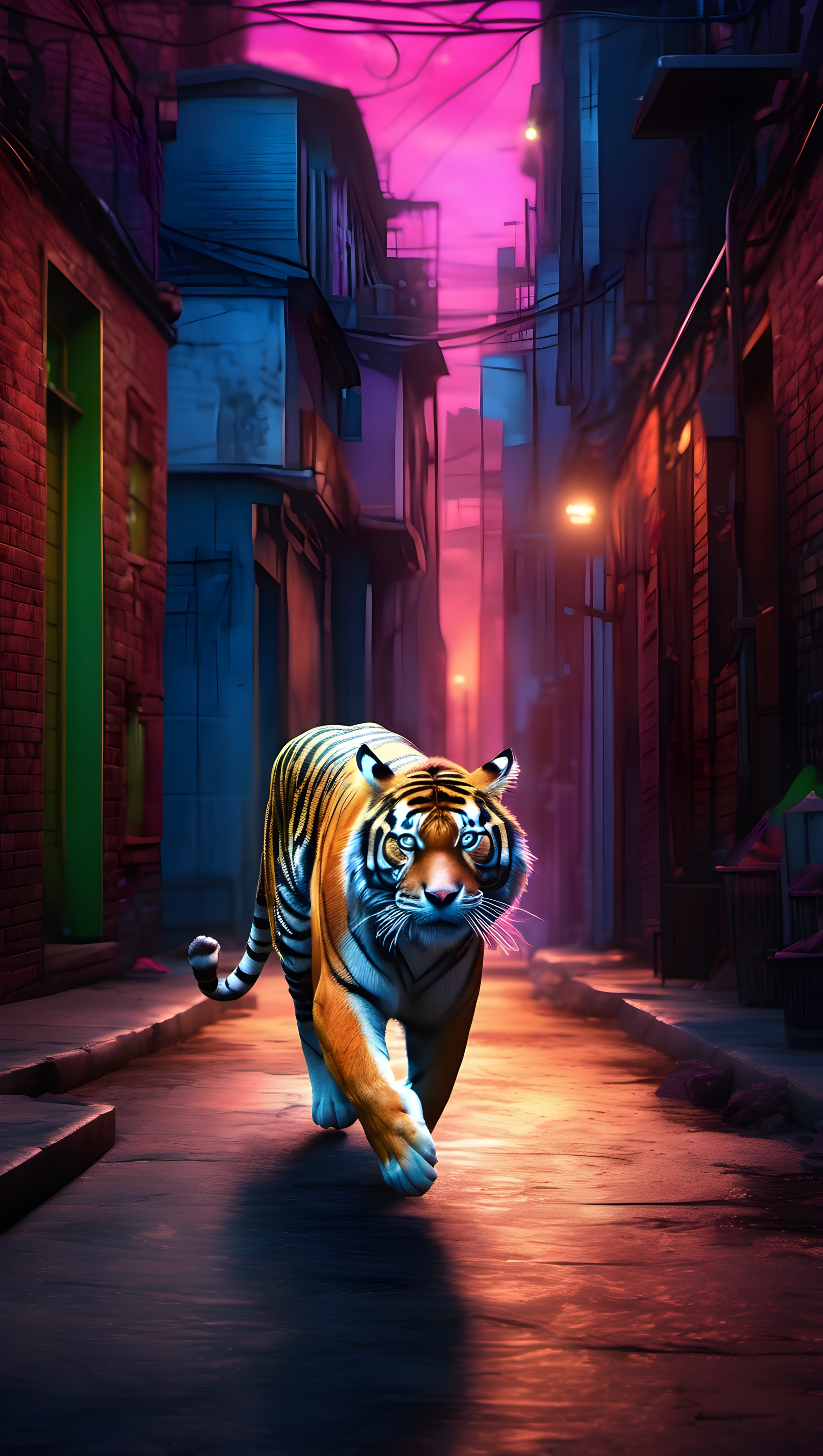Neon Tiger Alley Walk | Vibrant Urban Wildlife Wallpaper, tiger wallpaper, urban fantasy, neon city, animal art, pink sky, blue tiger