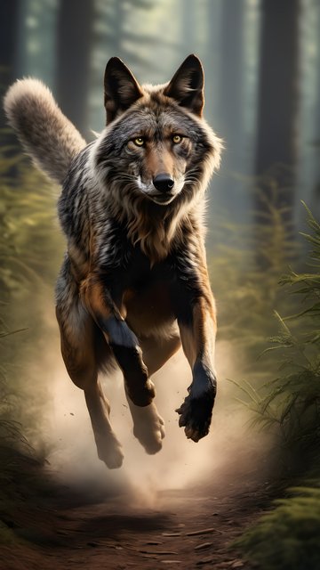 Majestic Wolf Running Wild Through Forest Path