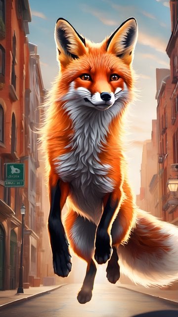 Whimsical Golden Fox Leaping in Urban Street