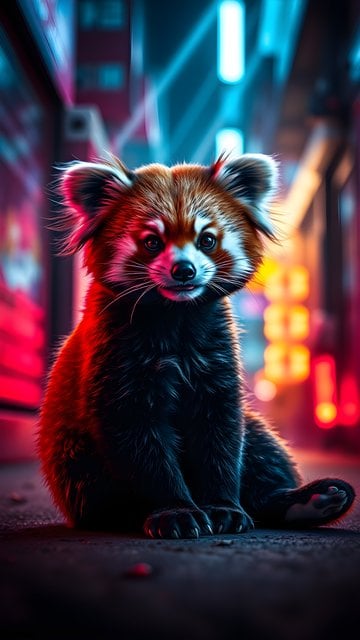 Cyberpunk Red Panda Neon City Night Wallpaper
