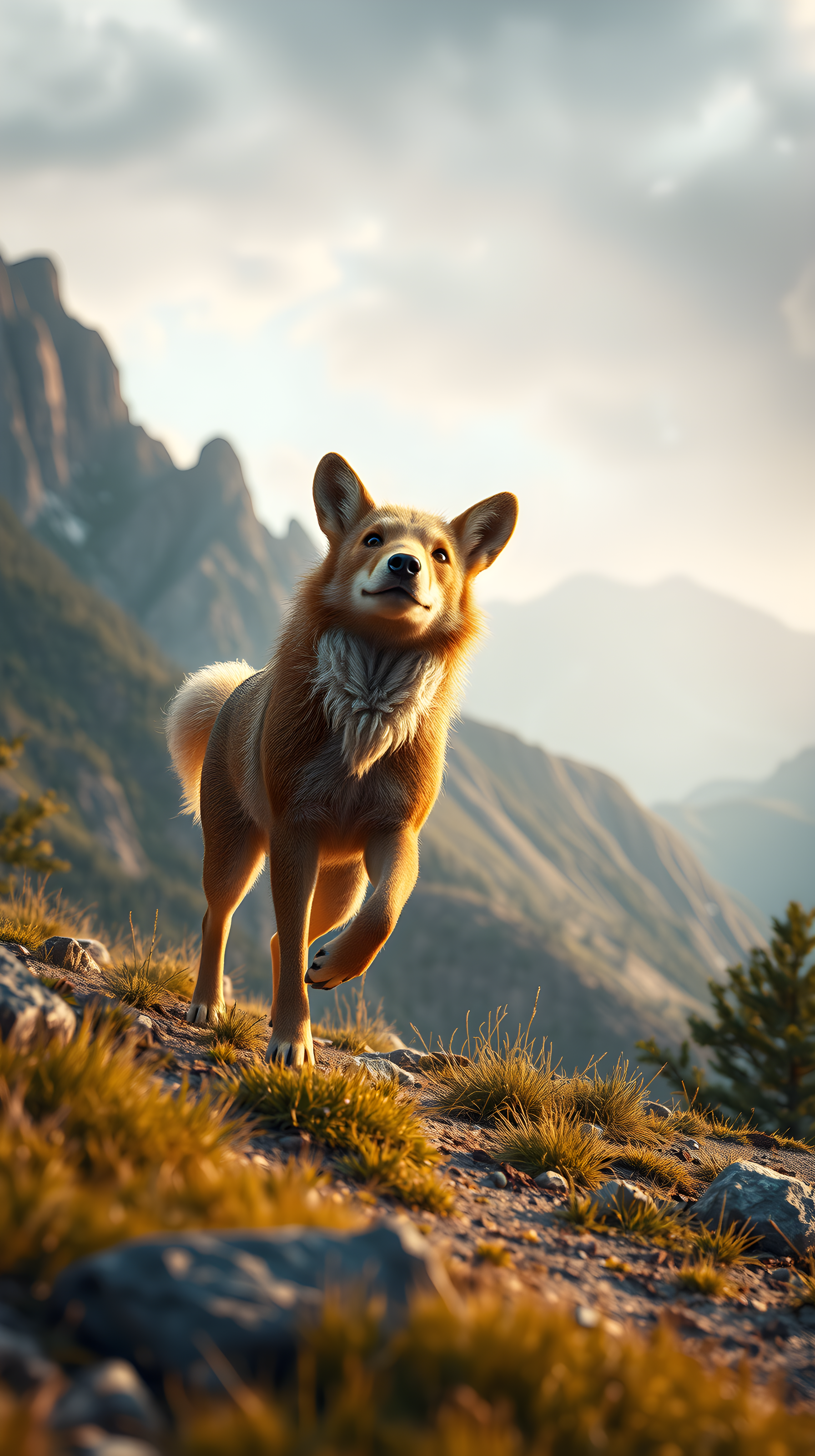 Joyful Shiba Inu Mountain Hike Golden Hour Mobile Wallpaper, shiba inu, dog, puppy, mountain, golden hour, nature