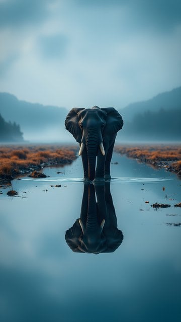 Majestic Elephant Reflection in Misty Water