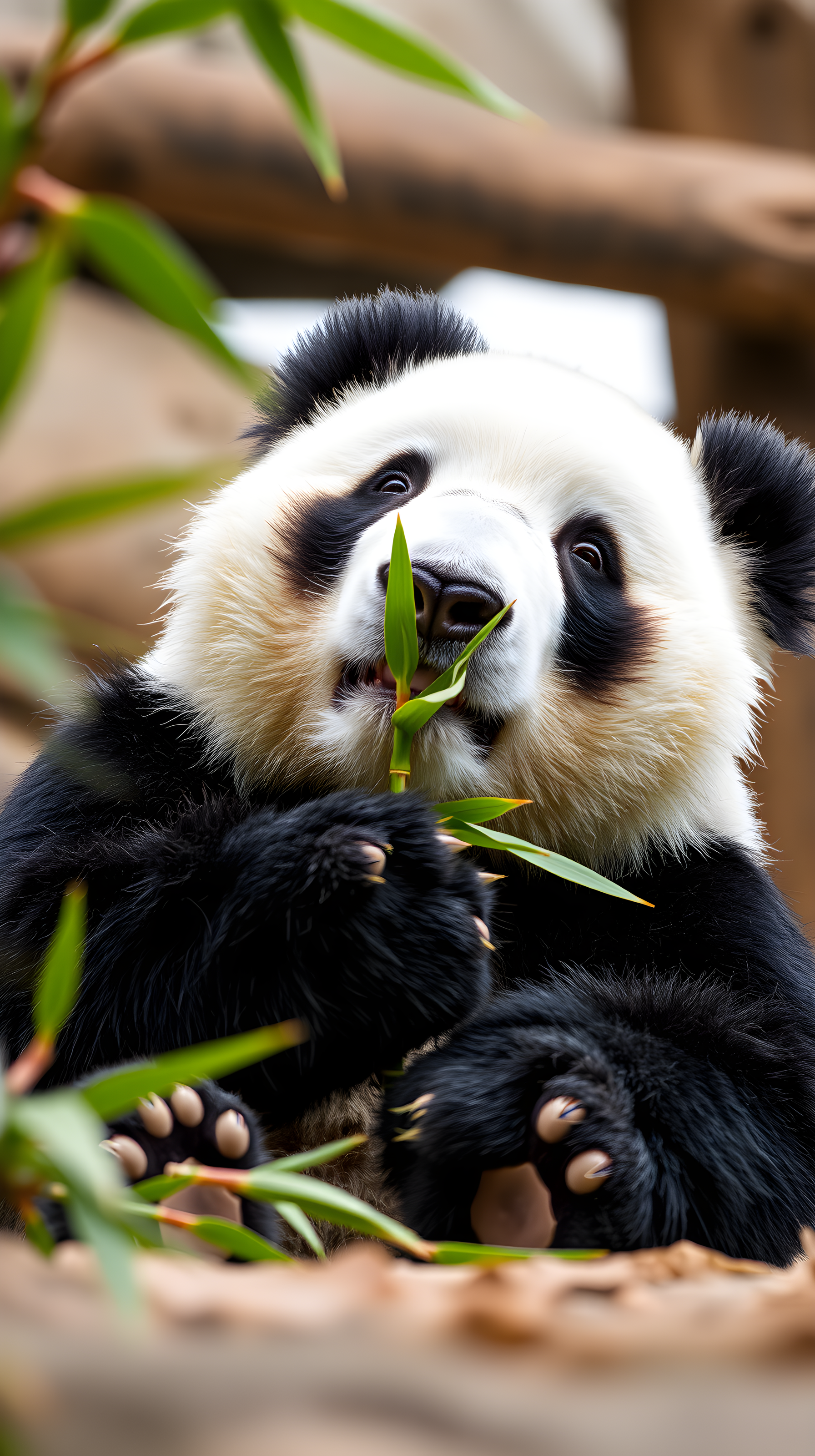 Cute Panda Eating Bamboo Mobile Wallpaper, panda, cute, animal, bamboo, wildlife, black and white