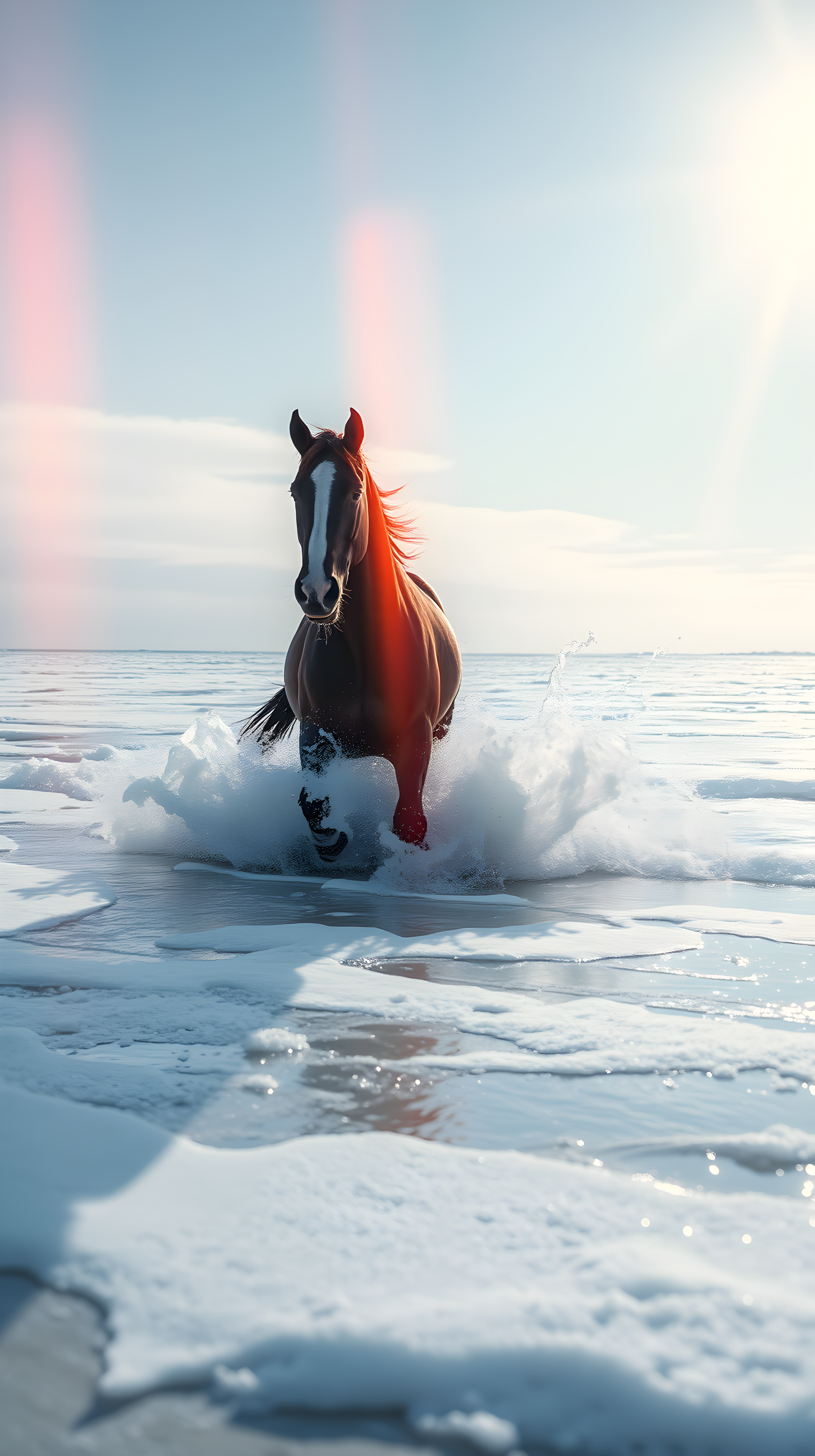 Majestic Horse Running on Icy Water | Dynamic Winter Action Wallpaper, horse, running, ice, water, winter, majestic