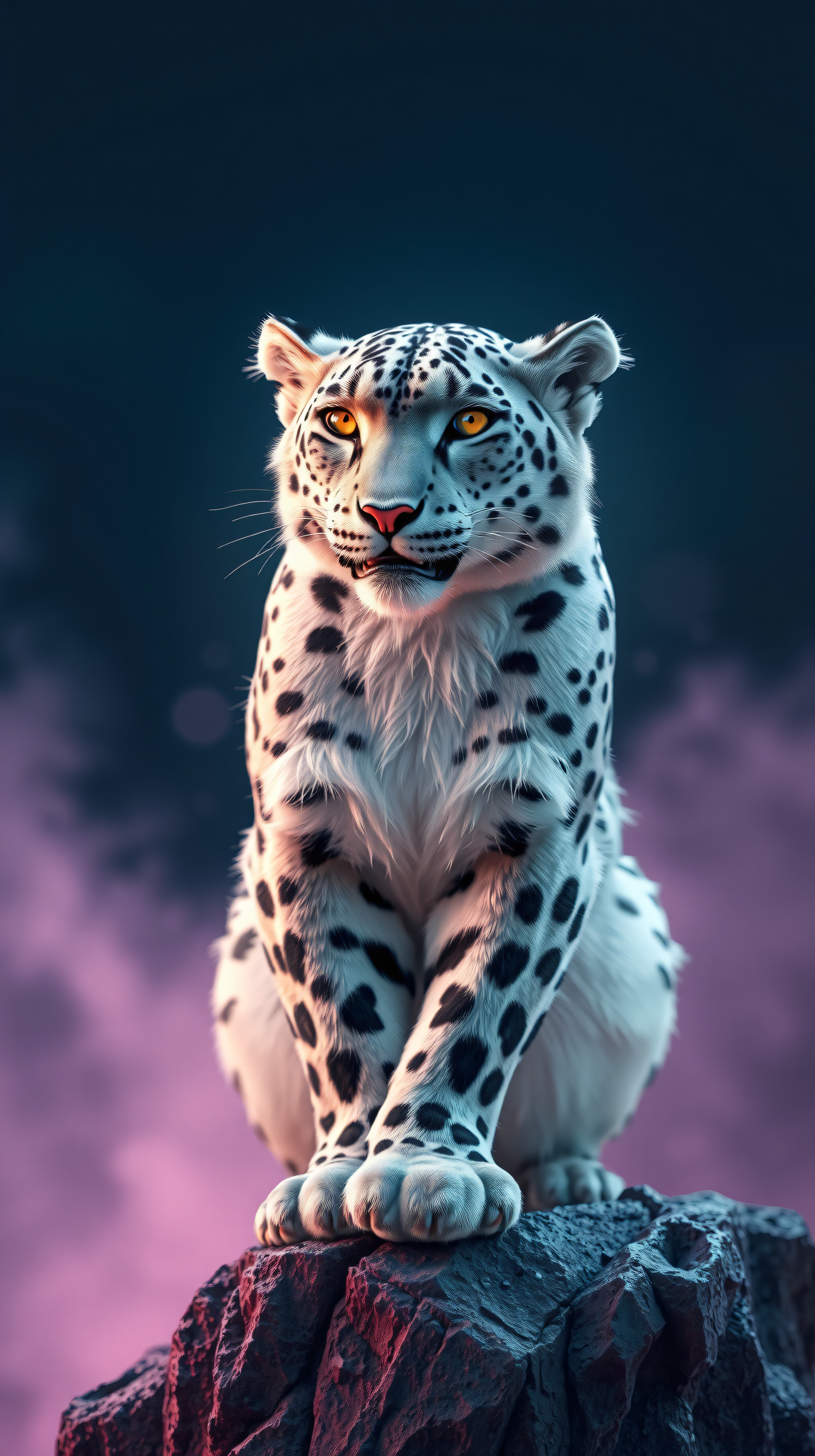 Majestic White Leopard with Glowing Eyes on Rock, white leopard, snow leopard, big cat, majestic, glowing eyes, dark aesthetic