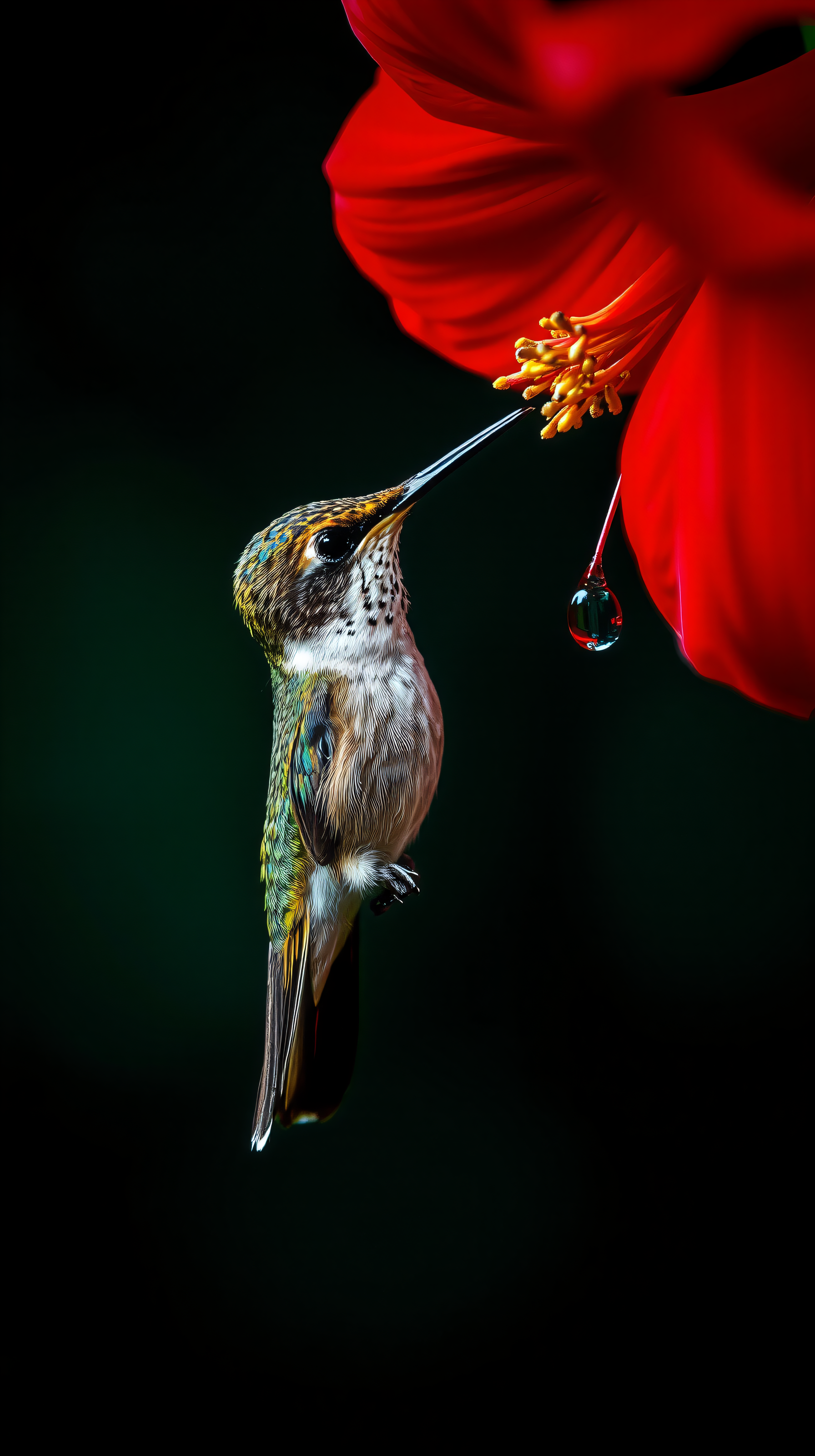 Hummingbird Nectar Drop Macro Wallpaper, hummingbird, red flower, nectar, macro, wildlife, bird