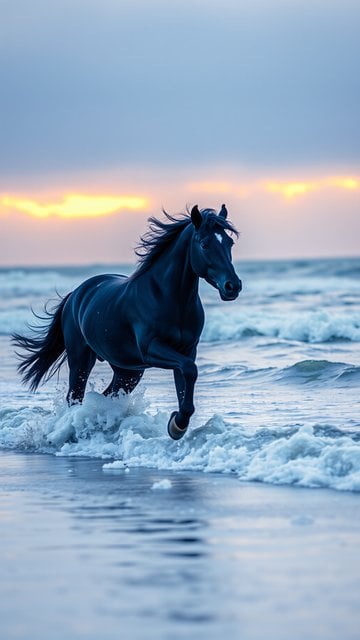 Majestic Dark Horse Galloping in Ocean at Sunset