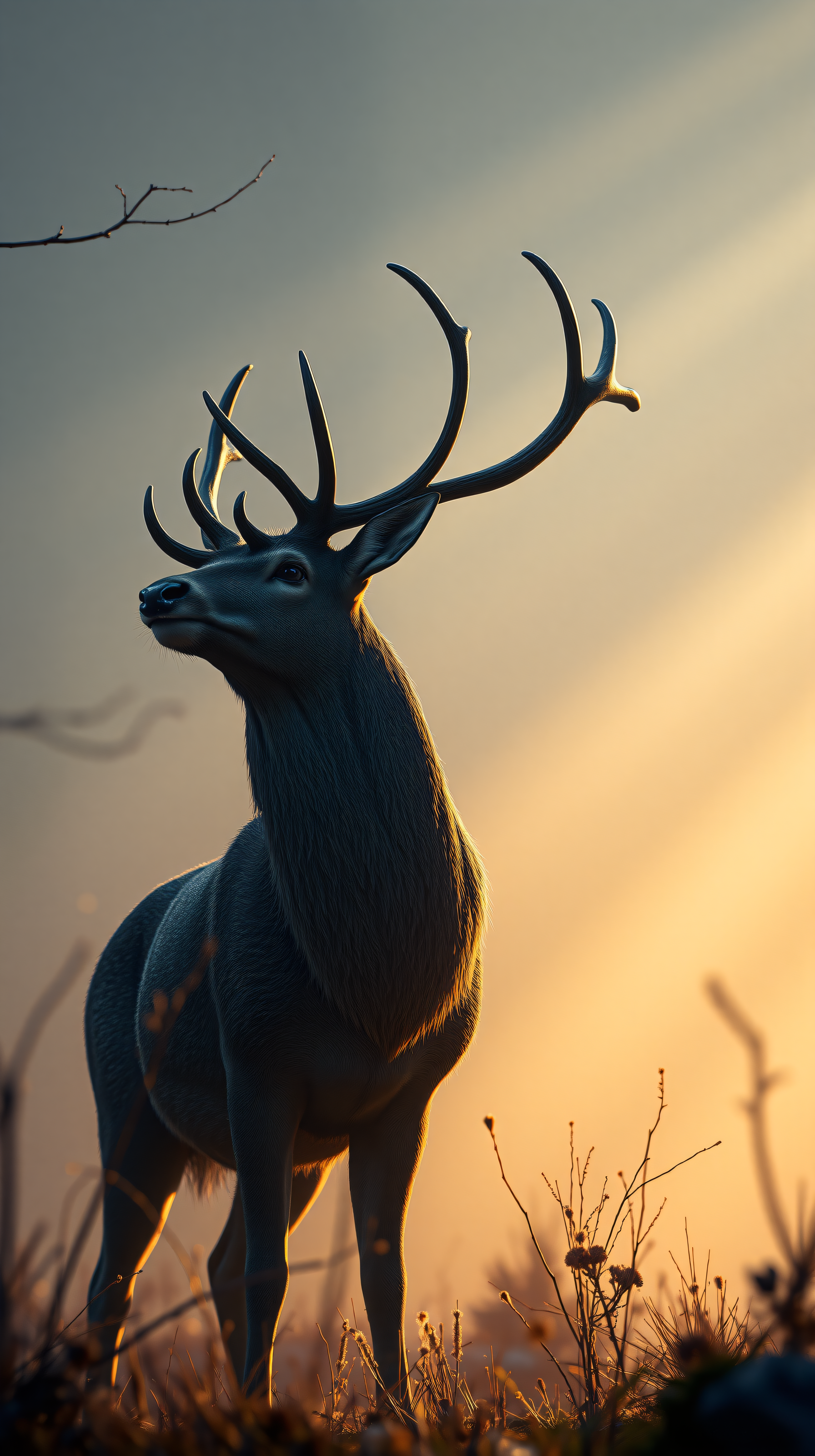 Majestic Stag at Golden Hour Wallpaper, deer, stag, antlers, golden hour, sunset, sunrise