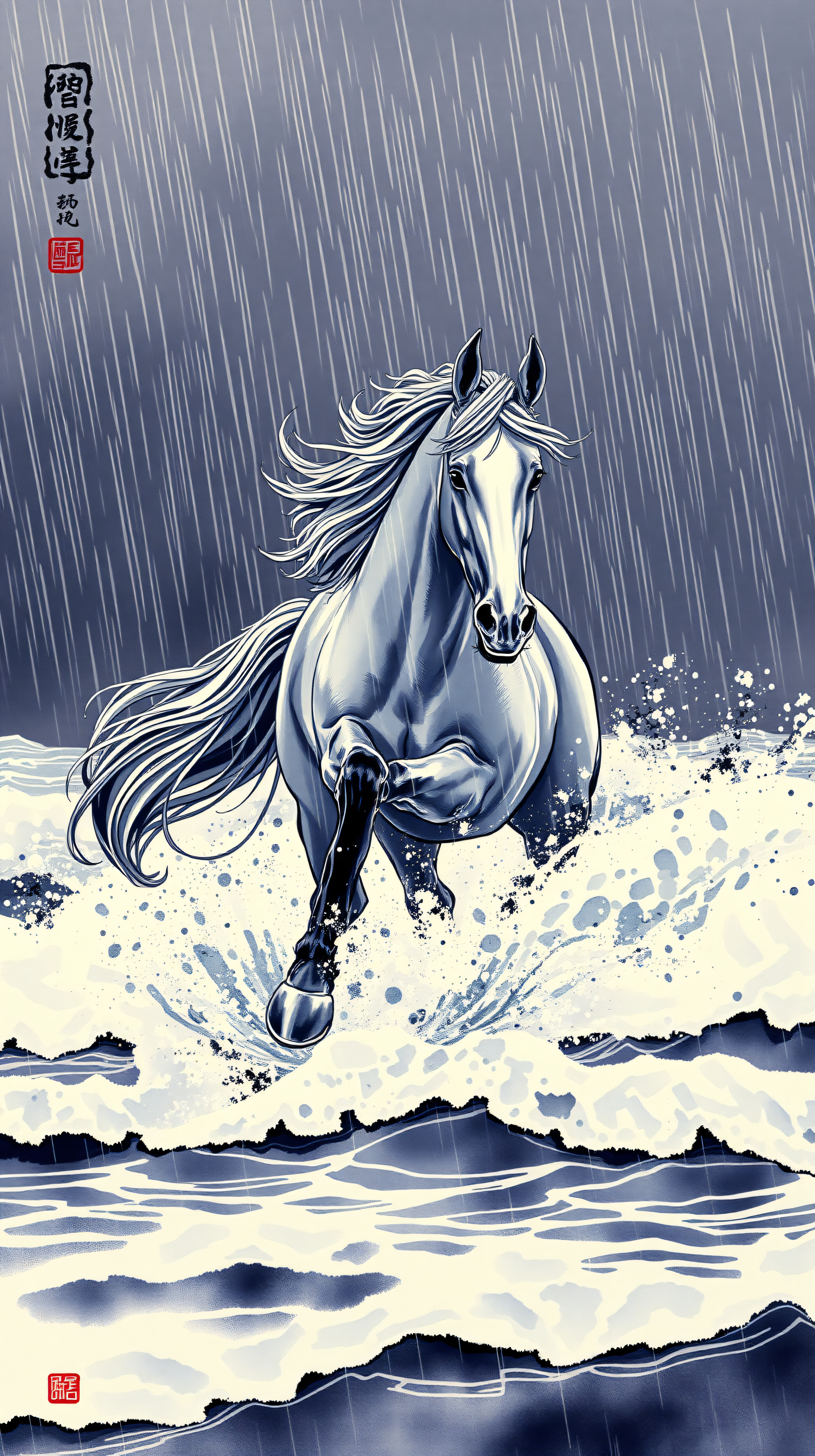Dynamic White Horse Galloping in Rain & Waves Art, horse, white horse, gallop, rain, waves, water