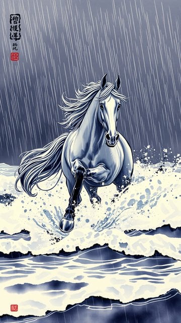 Dynamic White Horse Galloping in Rain & Waves Art