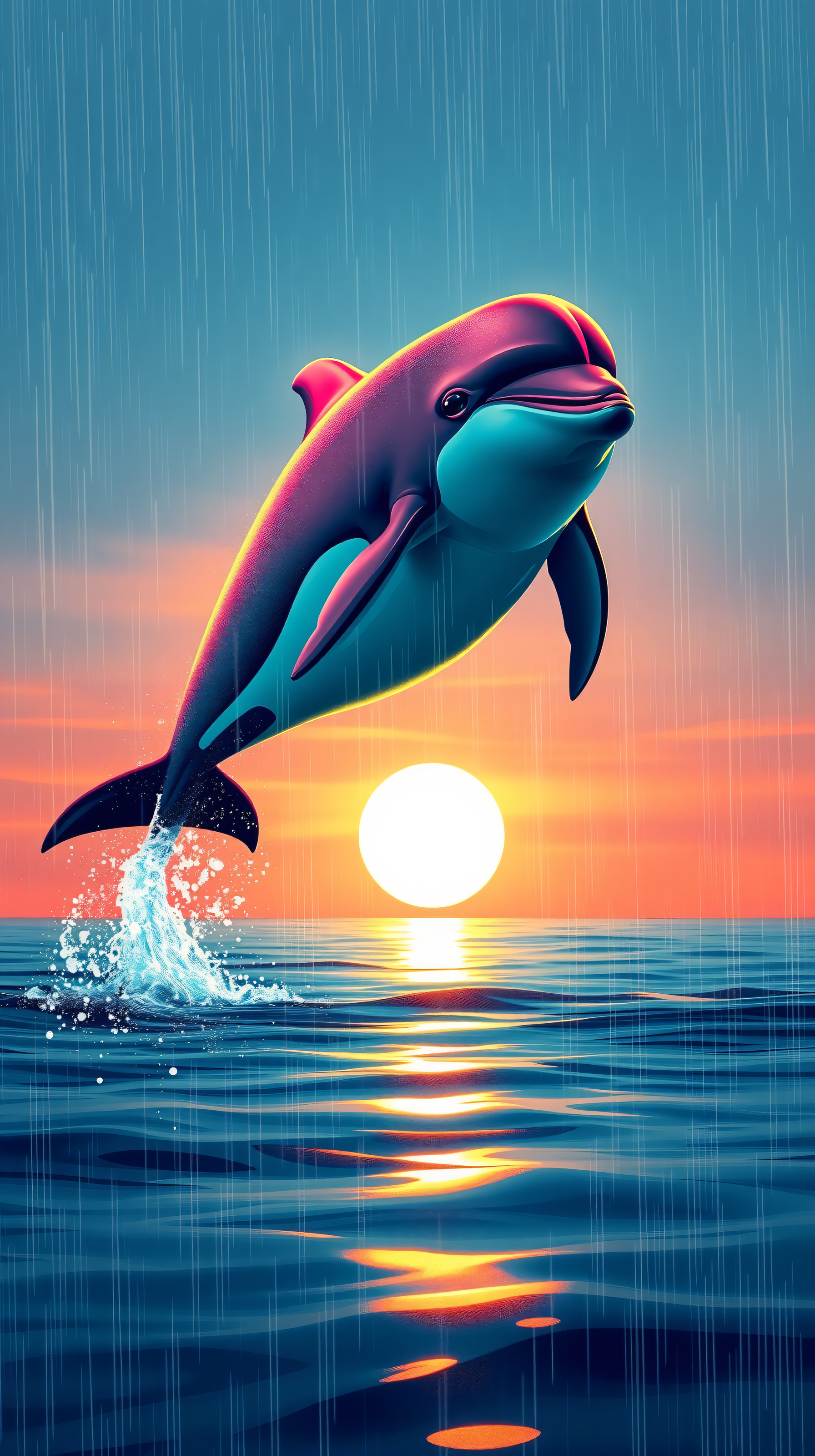 Vibrant Dolphin Leap at Sunset Rain Wallpaper, dolphin, ocean, sunset, rain, vibrant, marine life