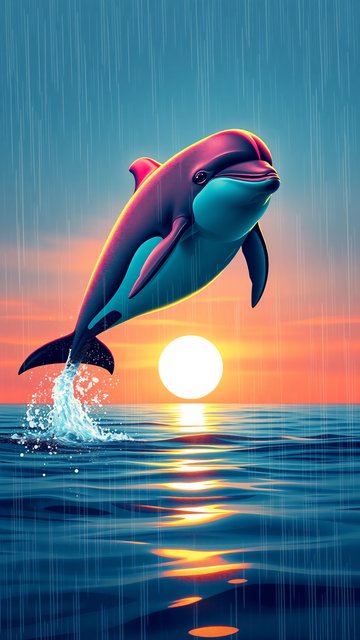 Vibrant Dolphin Leap at Sunset Rain Wallpaper