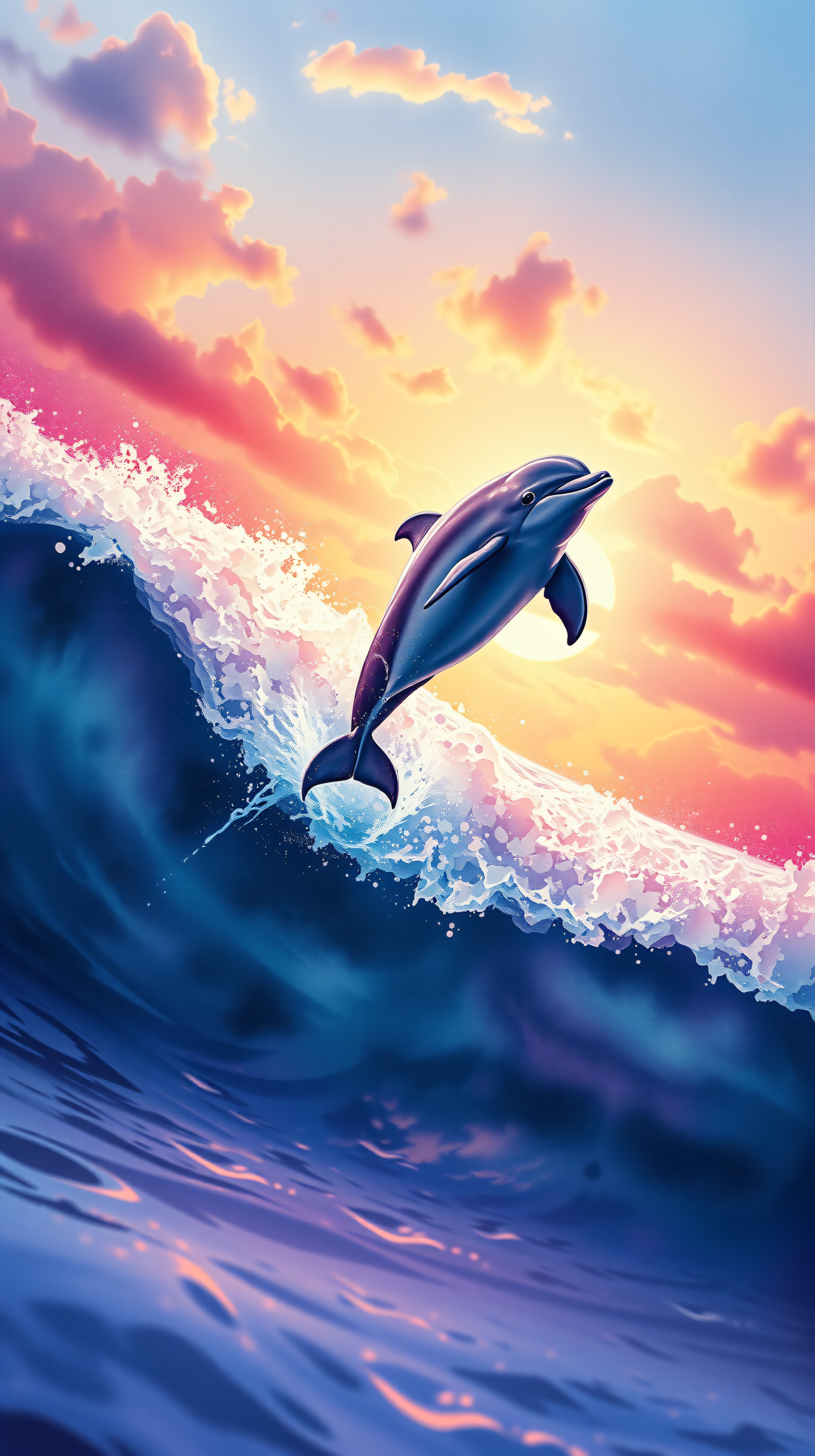 Vibrant Dolphin Sunset Leap Wallpaper, dolphin, sunset, ocean wave, vibrant, animal, marine life