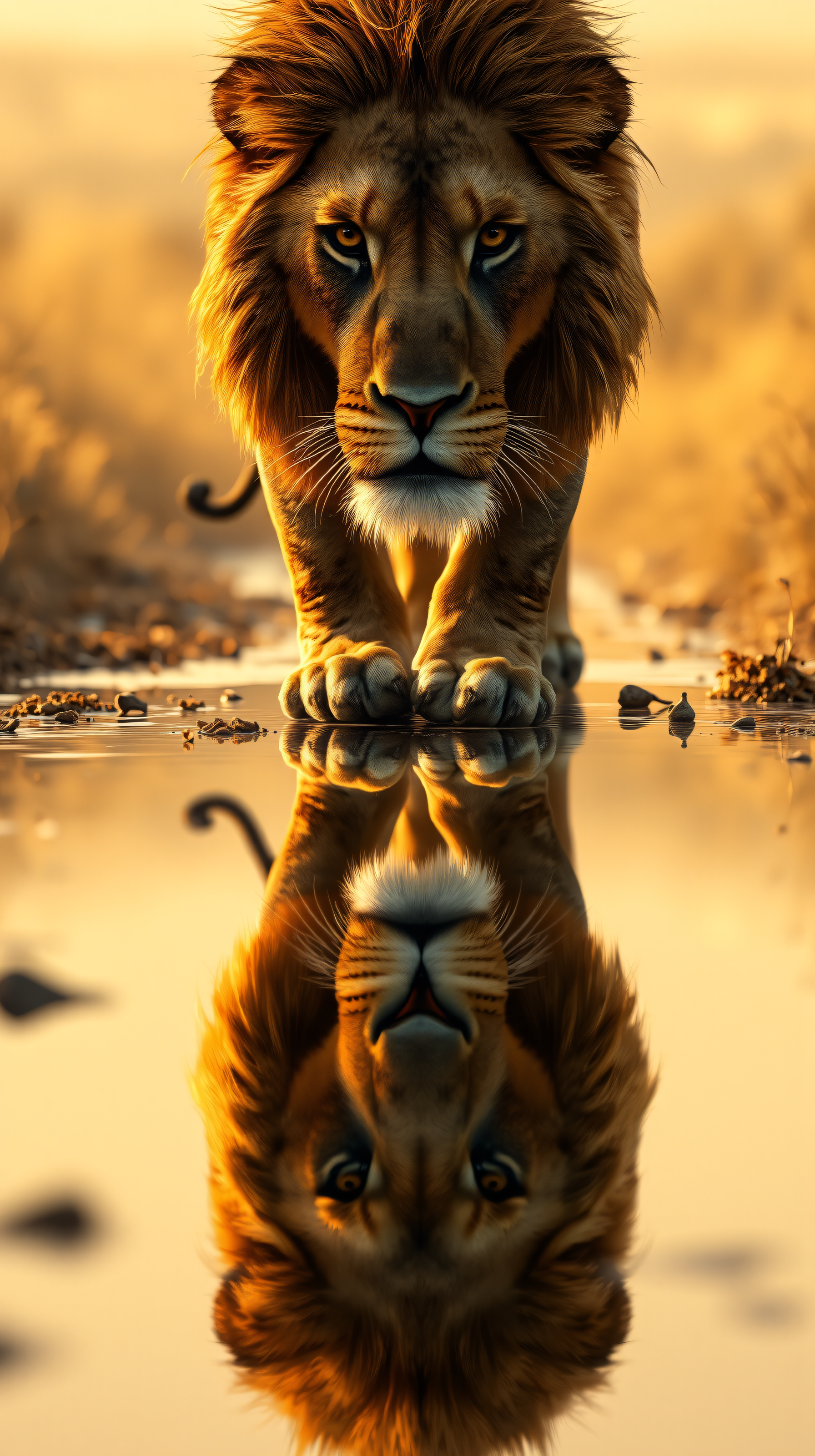 Majestic Golden Lion Reflection Wallpaper, lion, big cat, animal, wildlife, reflection, golden hour