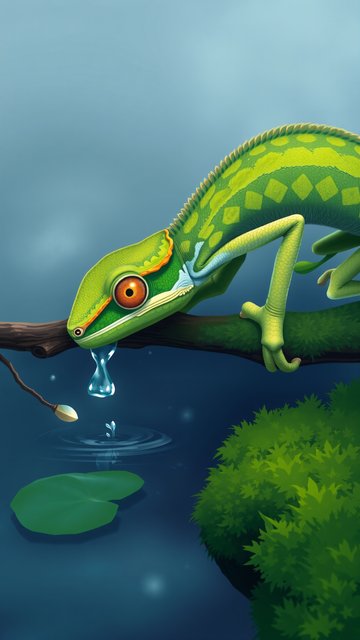 Vibrant Chameleon Drinking Water Illustration