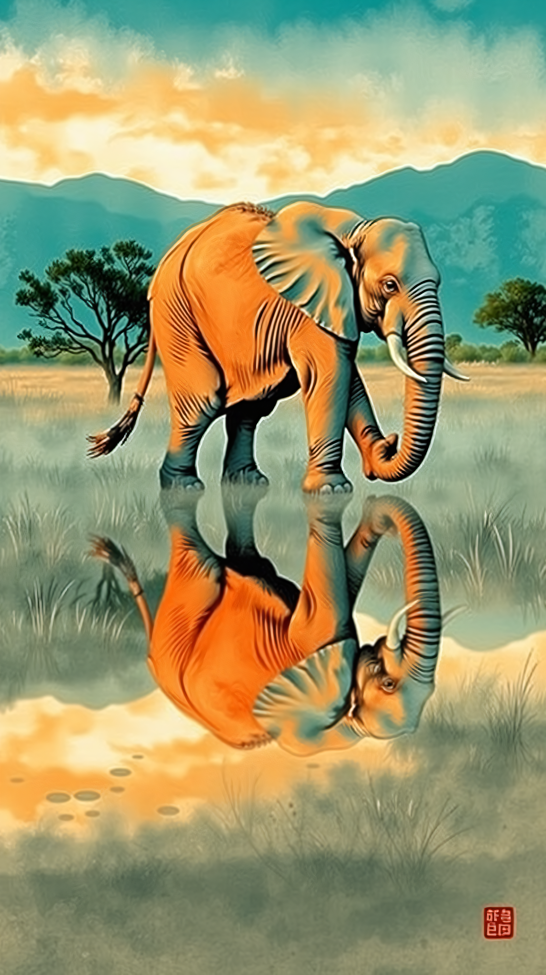 Vibrant Orange Elephant Reflection Art Wallpaper, elephant, reflection, savanna, wildlife, digital art, illustration