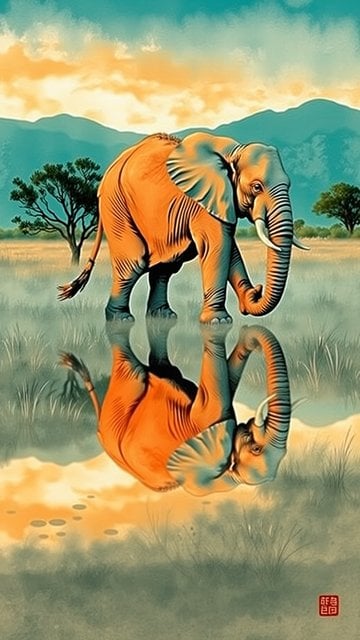 Vibrant Orange Elephant Reflection Art Wallpaper