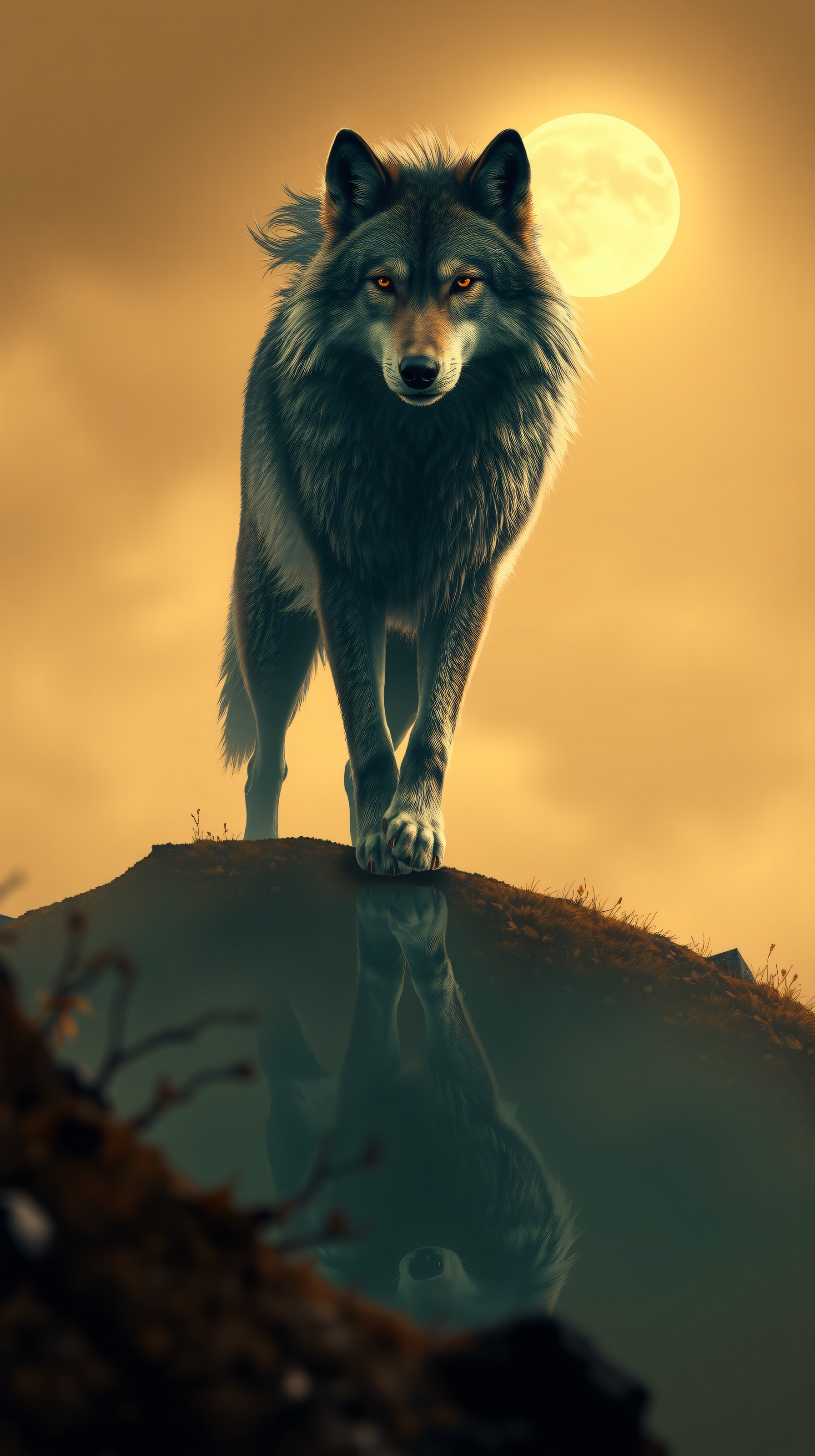 Majestic Wolf under Golden Moon Reflection Wallpaper, wolf, moon, golden, reflection, majestic, mystical