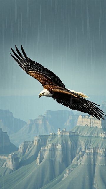 Eagle Soaring Over Rainy Mountains & Castle