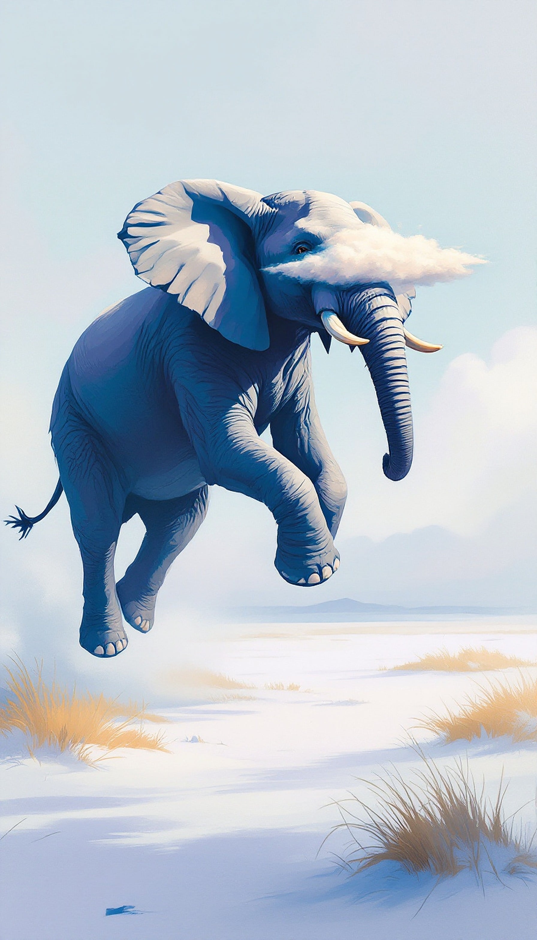Dreamy Blue Elephant Floating in Winter Sky, elephant wallpaper, floating elephant, blue elephant, dreamy art, fantasy animal, winter landscape