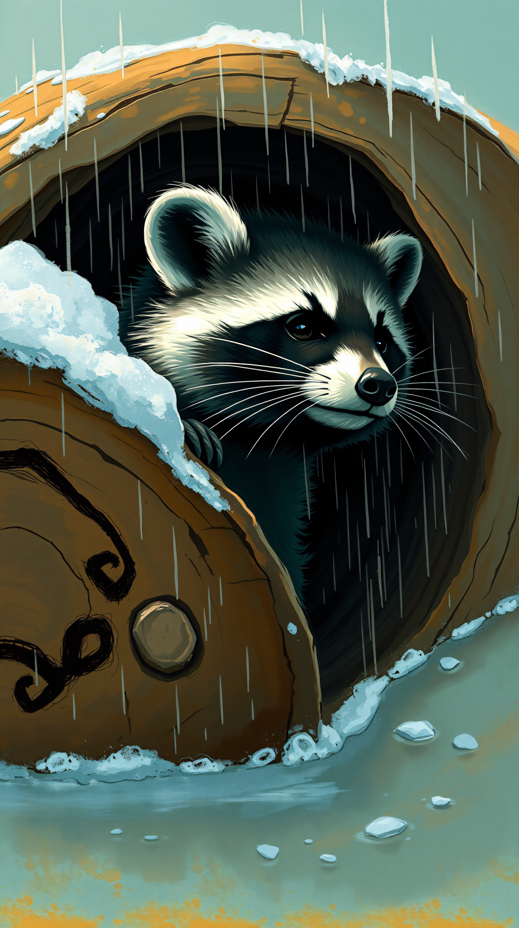 Cute Raccoon in Snowy Log Hole, raccoon, cute, winter, snow, animal, log