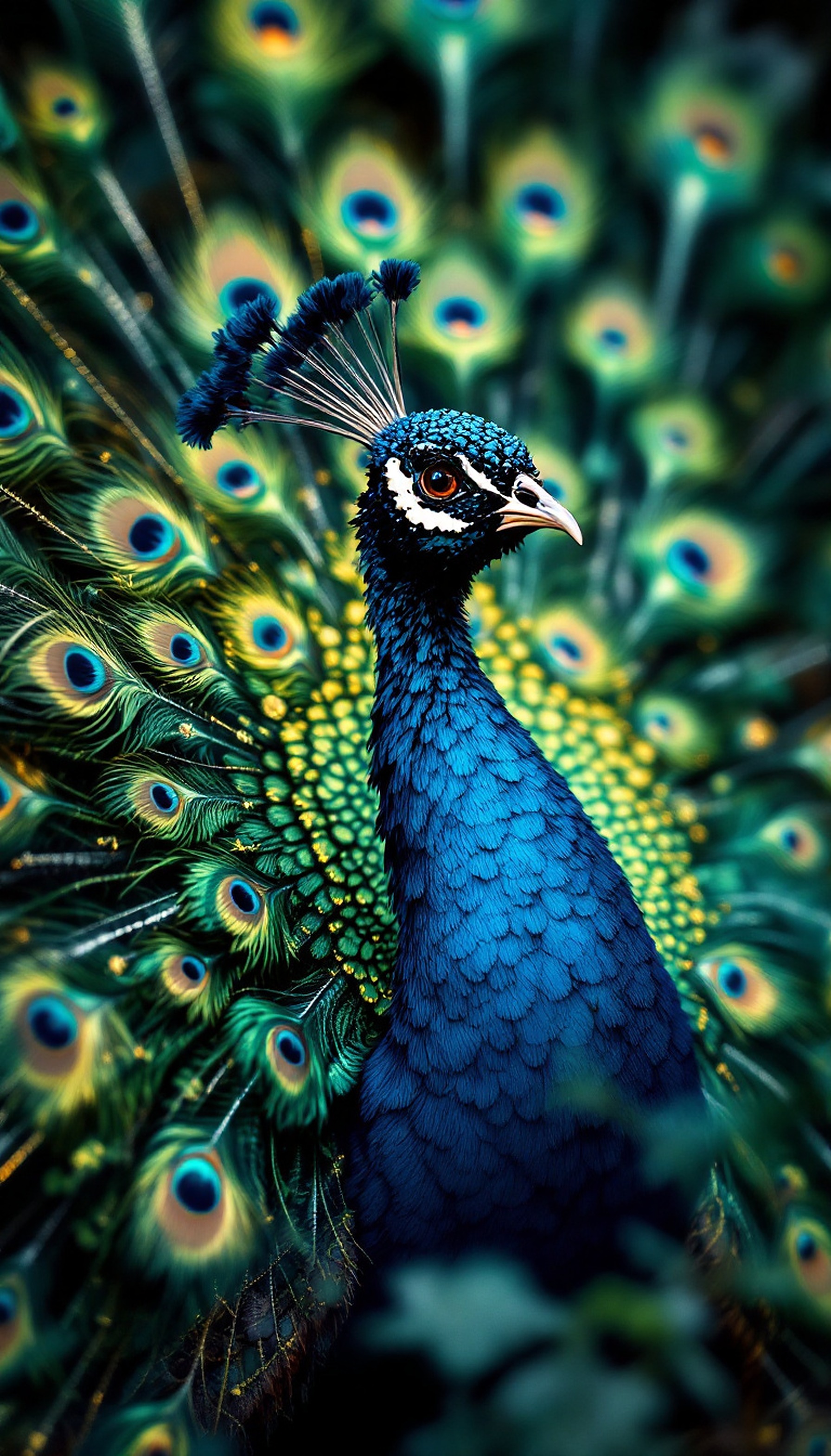 Vibrant Peacock Close-up Mobile Wallpaper, peacock, peacock feathers, vibrant, colorful, emerald green, deep blue