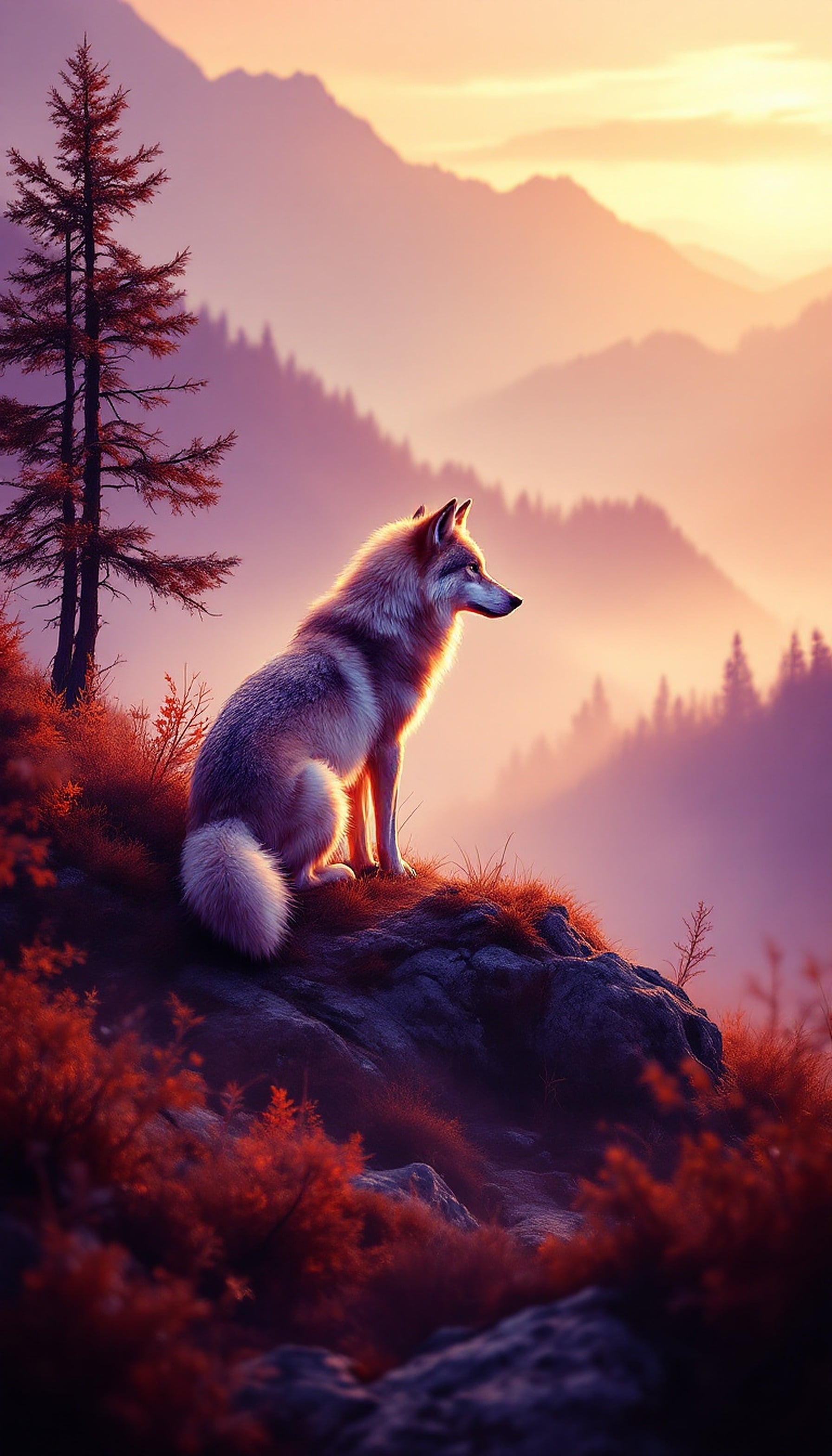Majestic Wolf at Sunset Mountains Wallpaper, wolf wallpaper, sunset mountains, fantasy animal, nature aesthetic, purple orange, golden hour