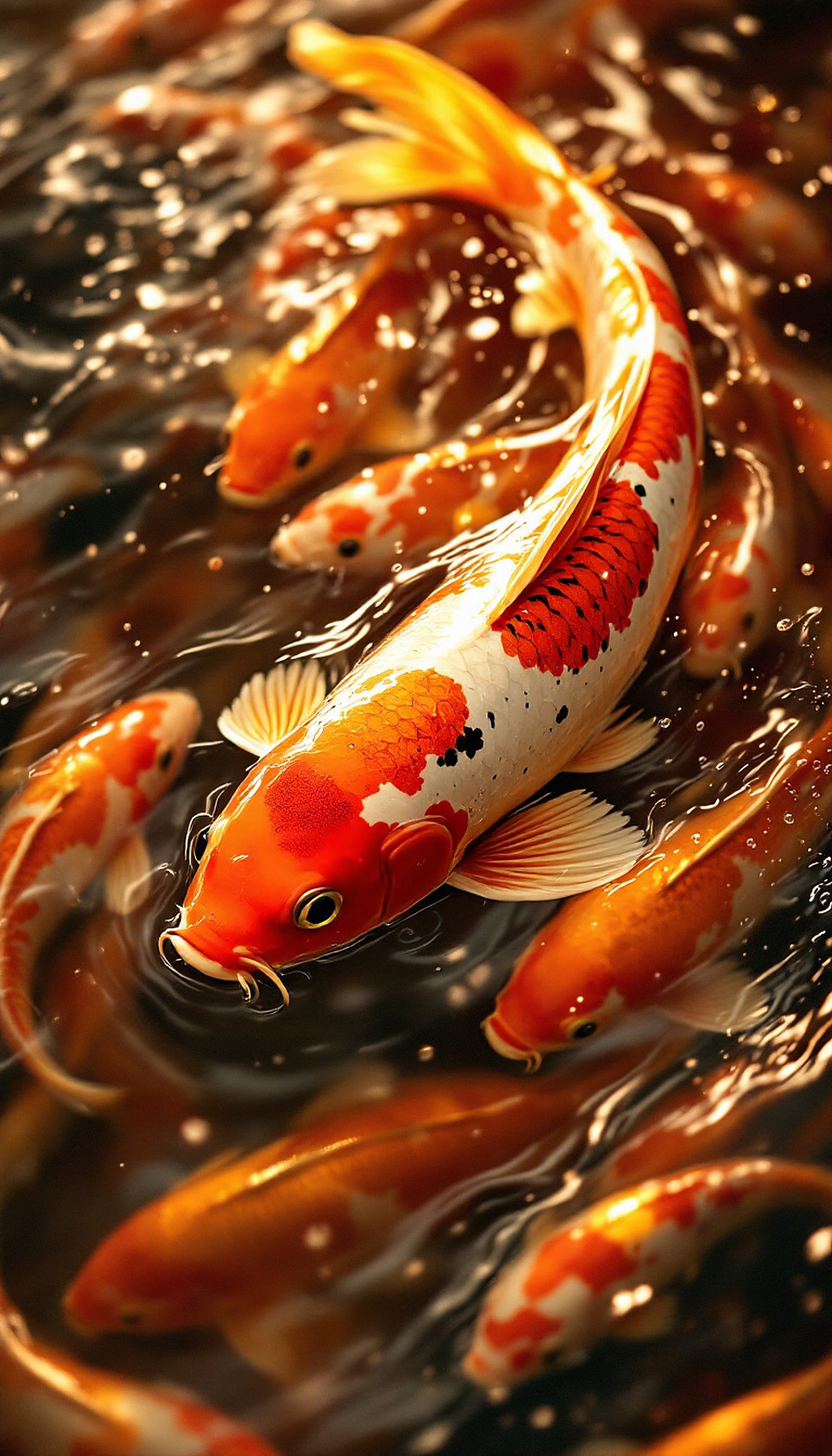 Vibrant Koi Fish Pond with Sparkling Water, koi fish, koi pond, orange koi, japanese fish, water ripples, sparkling water