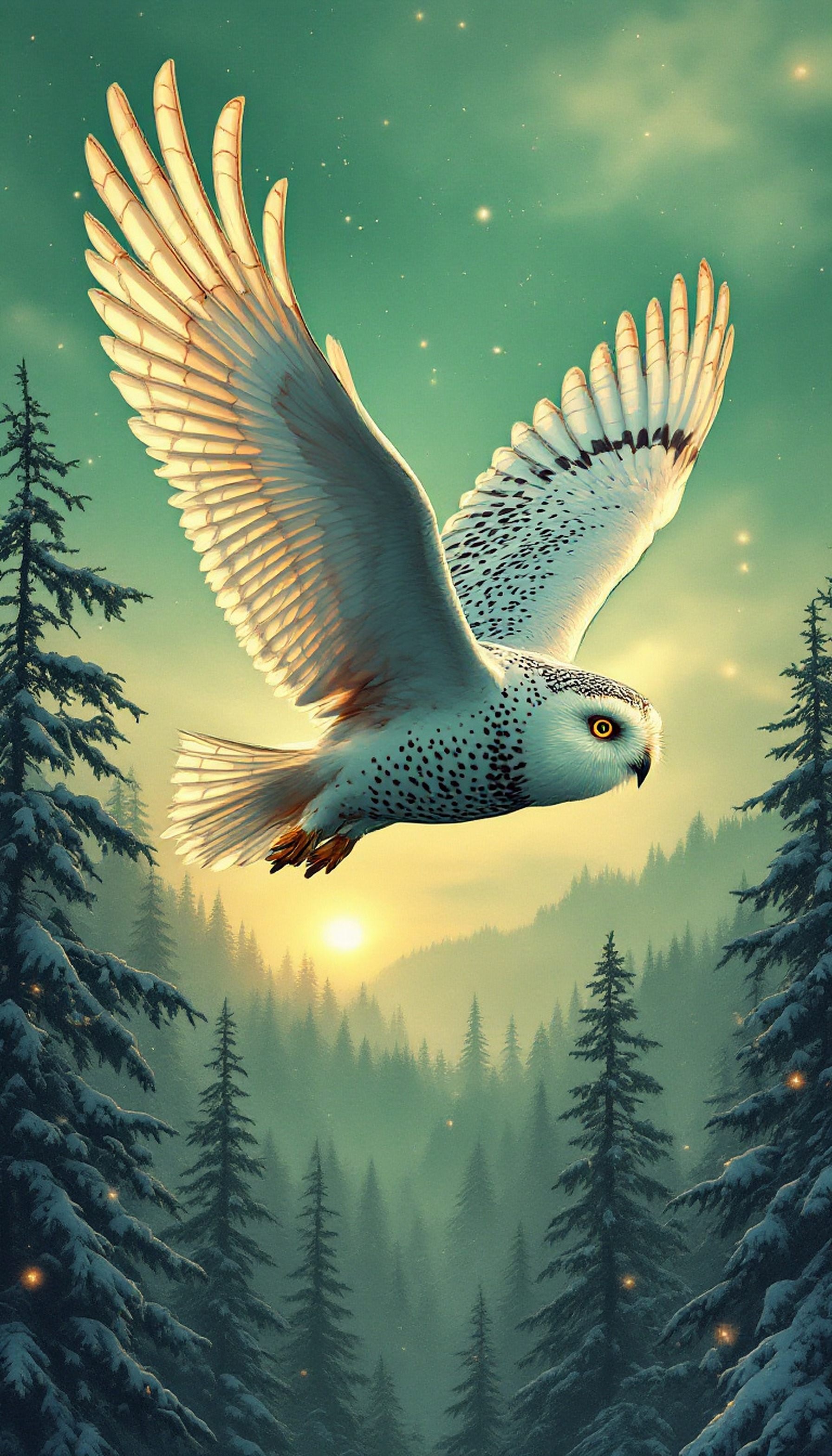 Snowy Owl Flying Over Misty Winter Forest Sunrise, snowy owl, winter forest, sunrise, sunset, mystical, nature