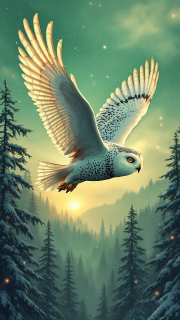 Snowy Owl Flying Over Misty Winter Forest Sunrise