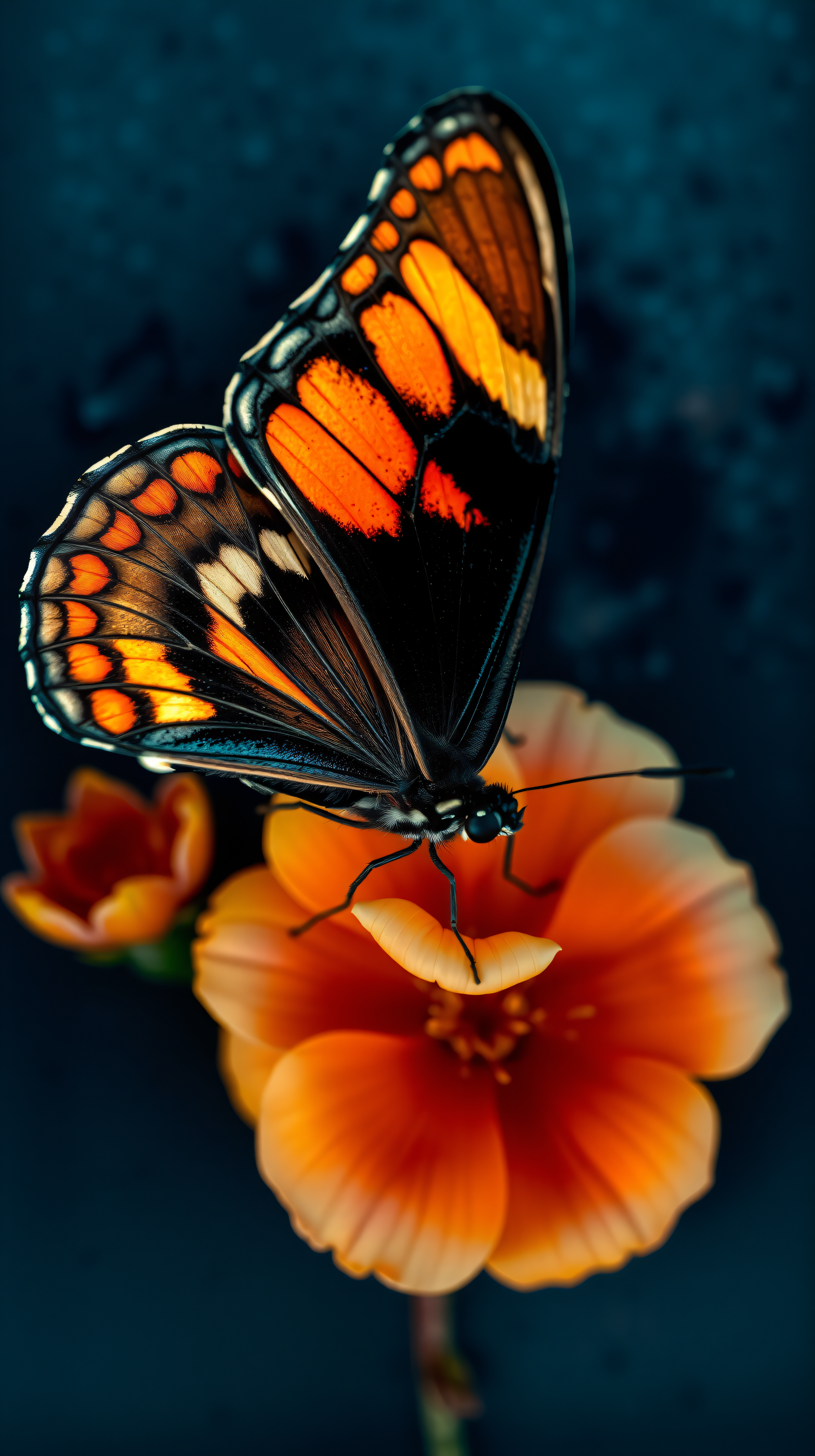 Vibrant Butterfly on Orange Flower Wallpaper, butterfly, orange flower, macro photography, vibrant, teal background, nature wallpaper