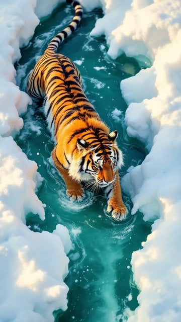 Tiger in Icy Blue Water with Snow